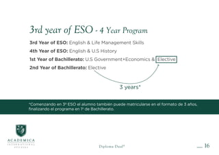 16
Diploma Dual®
3rd Year of ESO: English & Life Management Skills
4th Year of ESO: English & U.S History
1st Year of Bachillerato: U.S Government+Economics & Elective
2nd Year of Bachillerato: Elective
3 years*
3rd year of ESO - 4 Year Program
*Comenzando en 3º ESO el alumno también puede matricularse en el formato de 3 años,
finalizando el programa en 1º de Bachillerato.
 