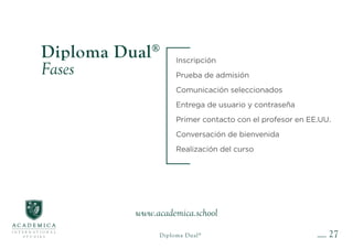 27
Diploma Dual®
Fases
Inscripción
Prueba de admisión
Comunicación seleccionados
Entrega de usuario y contraseña
Primer contacto con el profesor en EE.UU.
Conversación de bienvenida
Realización del curso
www.academica.school
Diploma Dual®
 