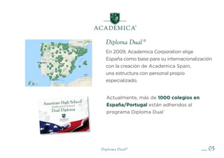 Diploma Dual®
En 2009, Academica Corporation elige
España como base para su internacionalización
con la creación de Academica Spain,
una estructura con personal propio
especializado.
Actualmente, más de 1000 colegios en
España/Portugal están adheridos al
programa Diploma Dual®.
05
Diploma Dual®
 