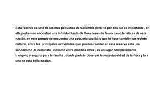 • Esta reserva es una de las mas pequeñas de Colombia pero no por ello no es importante , en
ella podremos encontrar una infinidad tanto de flora como de fauna características de esta
nación, en este parque se encuentra una pequeña capilla lo que lo hace también un recinto
cultural, entre las principales actividades que puedes realizar en esta reserva esta , es
senderismo ,la caminata , ciclismo entre muchas otras , es un lugar completamente
tranquilo y seguro para la familia , donde podrás observar la majestuosidad de la flora y la a
una de esta bella nación.
 