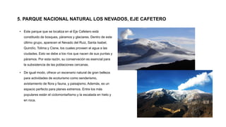 5. PARQUE NACIONAL NATURAL LOS NEVADOS, EJE CAFETERO
• Este parque que se localiza en el Eje Cafetero está
constituido de bosques, páramos y glaciares. Dentro de este
último grupo, aparecen el Nevado del Ruiz, Santa Isabel,
Quindío, Tolima y Cisne, los cuales proveen el agua a las
ciudades. Esto se debe a los ríos que nacen de sus puntas y
páramos. Por esta razón, su conservación es esencial para
la subsistencia de las poblaciones cercanas.
• De igual modo, ofrece un escenario natural de gran belleza
para actividades de ecoturismo como senderismo,
avistamiento de flora y fauna, y paisajismo. Además, es un
espacio perfecto para planes extremos. Entre los más
populares están el ciclomontañismo y la escalada en hielo y
en roca.
 