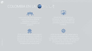 Hacer parte de una organización
como la OCDE es señal de
estabilidad económica,
transparencia y disciplina de
gobierno
OCDE da lineamiento para mejorar
barreras de comercio e inversión, lo
que permite a Colombia estar en un
proceso de mejoramiento continuo,
evaluación por parte de pares y
fortalecimiento institucional
Gracias las recomendaciones
hechas por la OCDE, el gobierno
nacional ha impulsado reformas
concretas para la facilitación del
comercio.
OCDE brinda un sello de calidad para la
inversión extranjera directa: al tener que
cumplir estándares de políticas públicas para
ser miembro, éstas mejoran. Ello resulta en
el aumento de la confianza de los
inversionistas extranjeros
COLOMBIA EN LA
 