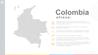 Colombia
o f r e c e :
Múltiples centros de desarrollo y regiones con una
creciente clase media, asegurando una demanda óptima
de productos y servicios.
Diversas oportunidades de inversión en una amplia
variedad de sectores.
Un mercado en crecimiento, estratégicamente ubicado
para facilitar las transacciones y negocios en la región.
Un sistema económico dinámico y estable.
Una plataforma de comercio con más de16 acuerdos
comerciales, que permite a los inversionistas un acceso
preferencial a terceros mercados
Un grupo, cada vez mayor, de empresas colombianas
calificadas y capaces de asociarse con organizaciones e
inversionistas internacionales para llegar a
los mercados regionales.
 