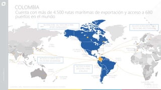 COLOMBIA
Cuenta con más de 4.500 rutas marítimas de exportación y acceso a 680
puertos en el mundo
Fuente: Rutas y Tarifas - Herramientas para las exportaciones colombianas, procesados por ProColombia.
ACCESO A CHINA SÓLO
EN 29 DÍAS (SHANGHAI)
ACCESO A EE. UU. SÓLO EN 3 DÍAS
(PORT EVERGLADES)
ACCESO A PERÚ
SÓLO EN 2 DÍAS
(CALLAO)
ACCESO A HOLANDA SÓLO
EN 13 DÍAS (ROTTERDAM)
SANTOS
(11 DÍAS)
BUENOS AIRES
(17 DÍAS)
CIUDAD DEL CABO
(34 DÍAS)
BARCELONA
(15 DÍAS)
LONDRES
(17 DÍAS)
CALCUTA
(43 DÍAS)
MONTREAL
(9 DÍAS)
(29 DÍAS)
SIDNEY
(21 DÍAS)
BUSAN
(25 DÍAS)
SHANGHAI
TOKIO
(22 DÍAS)
AUCKLAND
(17 DÍAS)
VANCOUVER
(17 DÍAS)
CALLAO
(2 DÍAS)
VALPARAÍSO
(5 DÍAS)
SAN
PETERSBURGO
(21 DÍAS)
NUEVA YORK
(6 DÍAS)
MIAMI
(4 DÍAS)
LOS ÁNGELES
(10 DAYS)
VERACRUZ
(5 DÍAS)
KARACHI
(37 DÍAS)
HONG KONG
(33 DÍAS)
 