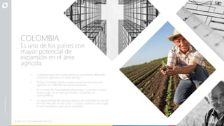 aíses con
de
área
COLOMBIA
Es uno de los p
mayor potencial
expansión en el
agrícola
• Colombia tiene varios pisos térmicos que ofrecen diferentes
productos agrícolas a lo largo del año.
• El Plan Colombia Siembra quiere aumentar la producción
agrícola con 1.000.000 de nuevas hectáreas.
• En el índice de sostenibilidad alimentaria, Colombia ocupa el
octavo lugar en el ranking mundial y el primero en
Latinoamérica.
• La disponibilidad de recursos hídricos en Colombia es una de
las más altas del mundo (FAO *). El país ocupa el cuarto lugar
a nivel mundial en agricultura sostenible.
Fuentes: FAO, Food Sustainability Index, 2017
 