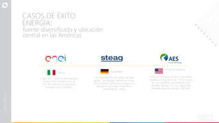 CASOS DE ÉXITO
ENERGÍA:
fuente diversificada y ubicación
central en las Américas
Entre 2017 – 2019, la multinacional
italiana Enel invertirá cerca de
USD 561 millones en proyectos
energéticos en Colombia.
ITALIA
Filial en Colombia de AES Corporation
(Applied Energy Services). Chivor es una
de las compañías generadoras más
grandes del país con una capacidad
instalada efectiva total de 1.000 MW.
ESTADOS UNIDOS
La planta térmica de carbón de bajo
grado, Termopaipa ubicada en Paipa,
fue la primera planta de energía en el
extranjero planeada, financiada y
construida por Steag.
ALEMANIA
 