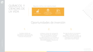 QUÍMICOS Y
CIENCIAS DE
LA VIDA
Oportunidades de inversión
Algunos nichos con oportunidad:
FERTILIZANTES
INGREDIENTES
NATURALES PARA
COSMÉTICOS
EMPAQUES
PLÁSTICOS
1.
Establecer plantas de
formulación y producción de
agroquímicos para atender el
creciente mercado local.
2.
Establecer centros de investigación
para el desarrollo de cosméticos a
partir de ingredientes naturales,
aprovechando los incentivos
tributarios dispuestos por el Gobierno
Nacional para proyectos I+D+i, y la
diversidad biológica y florística de
Colombia.
3.
Montaje de plantas de empaques
plásticos para atender las
necesidades de América Latina y el
Caribe y aprovechar las ventajas de
Colombia como plataforma
exportadora hacia la región.
 