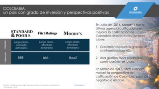 CalificaciónPeriodo
Largo plazo-
Moneda
extranjera
BBB- BBB Baa2
Largo plazo-
Moneda
extranjera
Largo plazo-
Moneda
extranjera
En Julio de 2014, Moody´s fue la
última agencia calificadora en
mejorar la calificación de
Colombia debido a dos factores
clave:
1. Crecimiento positivo gracias a
la infraestructura 4G.
2. Una gestión fiscal sólida que
continuará en el futuro.
En Marzo de 2017, Fitch Ratings*
mejoró la perspectiva de
calificación de Colombia: pasó de
negativa a estable.
FitchRatings MOODY S
,STANDARD
& POOR S
,
Fuente: Clasificaciones S&P; Revista Dinero, Tesorería Colombiana.
* Portafolio, 2018
COLOMBIA,
un país con grado de inversión y perspectivas positivas
PROCOLOMBIA.CO
 