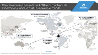 Colombia cuenta con más de 4.500 rutas marítimas de
exportación y acceso a 680 puertos en el mundo.
Fuente: Rutas y Tarifas - Herramientas para las exportaciones colombianas, procesados por ProColombia.
PROCOLOMBIA.CO
ACCESO A CHINA SÓLO
EN 29 DÍAS (SHANGHAI)
ACCESO A EEUU SÓLO EN 3 DÍAS
(PORT EVERGLADES)
ACCESO A PERÚ
SÓLO EN 2 DÍAS
(CALLAO)
ACCESO A HOLANDA SÓLO
EN 13 DÍAS (ROTTERDAM)
SANTOS
(11 DÍAS)
BUENOS AIRES
(17 DÍAS)
CIUDAD DEL CABO
(34 DÍAS)
NUEVA YORK
(6 DÍAS)
BARCELONA
(15 DÍAS)
LONDRES
(17 DÍAS)
CALCUTA
(43 DÍAS)
MONTREAL
(9 DÍAS)
SHANGHAI
(29 DÍAS)
HONG KONG
(33 DÍAS)
SIDNEY
(21 DÍAS)
BUSAN
(25 DÍAS)
TOKIO
(22 DÍAS)
AUCKLAND
(17 DÍAS)
VANCOUVER
(17 DÍAS)
LOS ÁNGELES
(10 DAYS)
CALLAO
(2 DÍAS)
VALPARAÍSO
(5 DÍAS)
SAN PETERSBURGO
(21 DÍAS)
MIAMI
(4 DÍAS)
VERACRUZ
(5 DÍAS)KARACHI
(37 DÍAS)
 