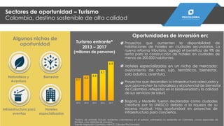 Sectores de oportunidad – Turismo
Colombia, destino sostenible de alta calidad
Oportunidades de Inversión en:
2013 2014 2015 2016 2017
3.7
4.2
4.4
5.1
Turismo entrante*
2013 – 2017
(millones de personas)
*Turismo de entrada incluye: residentes colombianos en el exterior, extranjeros no residentes en Colombia, cruces especiales de
frontera, y los visitantes de cruceros.
Fuente: Migración Colombia y MinCIT. Cálculos ProColombia.
Proyectos que aumenten la disponibilidad de
habitaciones de hoteles en ciudades secundarias. La
nueva reforma tributaria, agregó el beneficio de 9% de
renta para la construcción de hoteles en ciudades de
menos de 200.000 habitantes.
Hoteles especializados en un nicho de mercado:
avistamiento de aves, lujo, temáticos, bienestar,
solo adultos, aventura.
Proyectos que desarrollen la infraestructura adecuada y
que aprovechen la naturaleza y el potencial de bienestar
de Colombia, reflejadas en la biodiversidad y la calidad
de sus servicios de salud.
Bogota y Medellín fueron declaradas como ciudades
creativas por la UNESCO debido a la riqueza de su
escena musical. Hay oportunidad en proyectos de
infraestructura para conciertos.
Naturaleza y
Aventura
Bienestar
Hoteles
especializados
Infraestructura para
eventos
Algunos nichos de
oportunidad
6.5
 