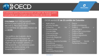 COLOMBIA FUE OFICIALMENTE
INVITADOAEN MAYO DE 2013 PARA
INICIAR EL PROCESO PARA
CONVERTIRSE EN MIEMBRO PLENO DE
LA OCDE.
“La política de inversión de la
OCDE examina los logros de
Colombia en el desarrollo de un
régimen de inversión abierto y
transparente, y sus esfuerzos para
reducir las restricciones a la
inversión internacional "
OCDE aprobó 21 de 23 comités de Colombia
• Agricultura
• Asuntos fiscales
• Cohecho en las
Transacciones
Comerciales
Internacionales
• Competencia
• Desarrollo Regional
• Educación
• Empleo y Asuntos Sociales
• Estadísticas
• Gobernanza Pública
• Gobierno Corporativo
• Inversión
• Mercados financieros
• Pesca
• Política Ambiental
• Política científica y
tecnológica
• Política del consumidor
• Política Digital
• Política regulatoria
• Químicos
• Salud
• Seguridad Social y
Pensiones Privadas
Colombia está implementando un plan de trabajo para
convertirse por completo en miembro de la OCDE
PROCOLOMBIA.CO
 