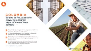 C O L O M B I A
Es uno de los países con
mayor potencial de
expansión en el área
agrícola
• Colombia tiene varios pisos térmicos que ofrecen diferentes
productos agrícolas a lo largo del año.
• El Plan Colombia Siembra quiere aumentar la producción
agrícola con 1.000.000 de nuevas hectáreas.
• En el índice de sostenibilidad alimentaria, Colombia ocupa
el décimo tercer lugar en el ranking mundial y el primero en
Latinoamérica.
• La disponibilidad de recursos hídricos en Colombia es una
de las más altas del mundo (FAO *). El país ocupa el cuarto
lugar a nivel mundial en agricultura sostenible.
Fuentes: FAO, Food Sustainability Index, 2017
 