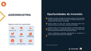 AGROINDUSTRIA
Fuente: FAO, Ministerio de Agricultura.
ACUICULTURA CACAO CEREALES
FRUTAS Y
VERDURAS
CÁRNICO
ALIMENTOS
PROCESADOS
CAUCHO BIOCOMESTIBLES FORESTAL
Ampliación de áreas cultivadas de productos agrícolas de alta demanda
mundial, construcción de centros de acopio y montaje de plantas para su
procesamiento (IQF, pulpas, mermeladas).
Construir plantas de cacao para procesar subproductos tales como
manteca de cacao, licor de cacao y productos de chocolate.
Colombia cuenta con el cuarto hato lechero y producción láctea más
grande de la región, lo que garantiza el fácil acceso a la materia prima
para la posterior transformación de subproductos lácteos.
Construir instalaciones industriales especializadas en transformar el
caucho natural en elementos de valor agregado.
Oportunidades de inversión
Algunos nichos con oportunidad:
 