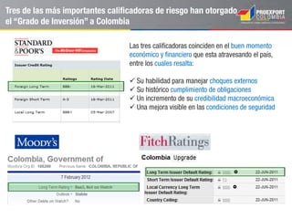 Algunos ejemplos de grandes compañías “multilatinas”
colombianas
Nutresa es una de las más grandes
compañías del sector de alimentos
en Colombia, con presencia en
12 países en América Latina y
plantas de producción en 8 de ellos.
Recientemente, la compañía
suscribió un acuerdo para adquirir el
100% de las acciones de la sociedad
chilena Tresmontes Lucchetti
S.A. por US$ 758 millones.
El Grupo SURA es una compañía con
experiencia en los sectores de banca, seguros,
pensiones y fondos de inversión, con
operaciones en México, Perú, Uruguay y Chile.
En 2011, el Grupo SURA compró los activos de
ING en América Latina por US$ 3.614
millones.
Es el principal conglomerado financiero
de Colombia, con filiales en El Salvador,
Panamá y Puerto Rico.
En 2012, Bancolombia adquirió el 100% de las
acciones ordinarias y el 90,9% de las acciones
preferenciales del HSBC Bank en Panamá.
 