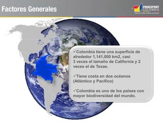 Sectores de oportunidad – Manufacturas para los
mercados local y extranjero
Materiales de construcción, vehículos y autopartes,
Confecciones, Cosméticos y Artículos de Aseo,
Maquinaria eléctrica entro otros.
Colombia tiene un tejido empresarial de más de
3.700 empresas industriales con experiencia
exportadora.
Más de 400.000 graduados y especialistas en
áreas afines a la ingeniería entre 2001 y 2011
Medellín
2.386.233 hab.
Cali
2.283.057 hab.
Barranquilla
1.202.749
hab.
Bogotá
7.658.081 hab.
Cartagena
935.496 hab.
Cúcuta
615.795 hab.
Ibagué
512.631 hab.
Bucaramanga
520.229 hab.
8 áreas metropolitanas con más de 500 mil
habitantes.
 
