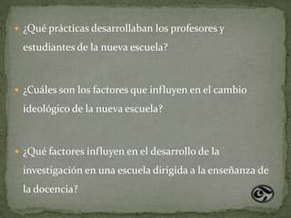  ¿Qué prácticas desarrollaban los profesores y

 estudiantes de la nueva escuela?



 ¿Cuáles son los factores que influyen en el cambio

 ideológico de la nueva escuela?



 ¿Qué factores influyen en el desarrollo de la

 investigación en una escuela dirigida a la enseñanza de
 la docencia?
 