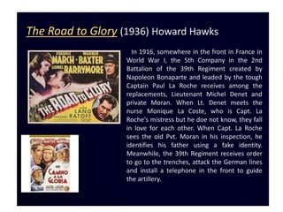The Road to Glory (1936) Howard Hawks
                     In 1916, somewhere in the front in France in
                   World War I, the 5th Company in the 2nd
                   Battalion of the 39th Regiment created by
                   Napoleon Bonaparte and leaded by the tough
                   Captain Paul La Roche receives among the
                   replacements, Lieutenant Michel Denet and
                   private Moran. When Lt. Denet meets the
                   nurse Monique La Coste, who is Capt. La
                   Roche's mistress but he doe not know, they fall
                   in love for each other. When Capt. La Roche
                   sees the old Pvt. Moran in his inspection, he
                   identifies his father using a fake identity.
                   Meanwhile, the 39th Regiment receives order
                   to go to the trenches, attack the German lines
                   and install a telephone in the front to guide
                   the artillery.
 
