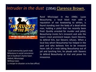 Intruder in the dust                               (1954) Clarence Brown,

                                             Rural Mississippi in the 1940s: Lucas
                                             Beauchamp, a local black man with a
                                             reputation of not kowtowing to whites, is
                                             found standing over the body of a dead white
                                             man, holding a pistol that has recently been
                                             fired. Quickly arrested for murder and jailed,
                                             Beauchamp insists he's innocent and asks the
                                             town's most prominent lawyer, Gavin Stevens,
                                             to defend him, but Stevens refuses. When a
                                             local boy whom Beauchamp has helped in the
                                             past and who believes him to be innocent
                                             hears talk of a mob taking Beauchamp out of
 Local community Lynch-mob                   jail and lynching him, he pleads with Stevens
Milestone in social conscience
                                             to defend Beauchamp at trial and prove his
Set in Faulkner’s home town
Oxford, Mississippi
                                             innocence.
Without stars
( a recipe for disaster at the box office)
 