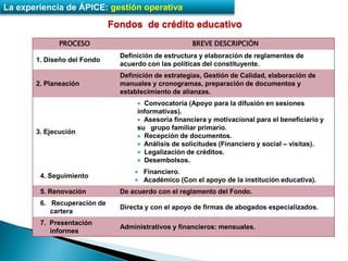 La experiencia de ÁPICE: gestión operativa
                             Fondos de crédito educativo
              PROCESO                                BREVE DESCRIPCIÓN
                               Definición de estructura y elaboración de reglamentos de
       1. Diseño del Fondo
                               acuerdo con las políticas del constituyente.
                               Definición de estrategias, Gestión de Calidad, elaboración de
       2. Planeación           manuales y cronogramas, preparación de documentos y
                               establecimiento de alianzas.
                                      Convocatoria (Apoyo para la difusión en sesiones
                                    informativas).
                                      Asesoría financiera y motivacional para el beneficiario y
                                    su grupo familiar primario.
       3. Ejecución
                                      Recepción de documentos.
                                      Análisis de solicitudes (Financiero y social – visitas).
                                      Legalización de créditos.
                                      Desembolsos.
                                      Financiero.
        4. Seguimiento
                                      Académico (Con el apoyo de la institución educativa).
        5. Renovación          De acuerdo con el reglamento del Fondo.
        6. Recuperación de
                               Directa y con el apoyo de firmas de abogados especializados.
           cartera
        7. Presentación
                               Administrativos y financieros: mensuales.
           informes
 