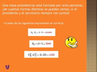 Una mesa presidencial está formada por ocho personas,
¿de cuántas formas distintas se pueden sentar, si el
presidente y el secretario siempre van juntos?
Cuales de las siguientes expresiones es correcta.
P8 = (8-1)!c = 5040
 
