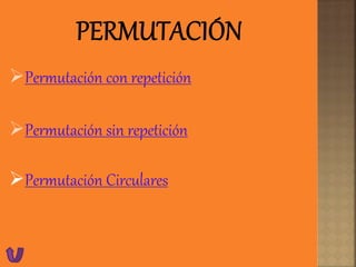 Permutación con repetición
Permutación sin repetición
Permutación Circulares
 