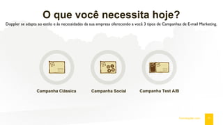O que você necessita hoje?
Doppler se adapta ao estilo e às necessidades da sua empresa oferecendo a você 3 tipos de Campanhas de E-mail Marketing.
11fromdoppler.com
Campanha SocialCampanha Clássica Campanha Test A/B
 
