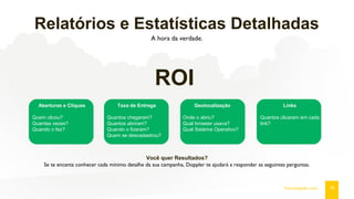 Relatórios e Estatísticas Detalhadas
A hora da verdade.
Você quer Resultados?
Se te encanta conhecer cada mínimo detalhe da sua campanha, Doppler te ajudará a responder as seguintes perguntas.
16fromdoppler.com
Aberturas e Cliques
Quem clicou?
Quantas vezes?
Quando o fez?
Taxa de Entrega
Quantos chegaram?
Quantos abriram?
Quando o fizeram?
Quem se descadastrou?
Geolocalização
Onde o abriu?
Qual browser usava?
Qual Sistema Operativo?
Links
Quantos clicaram em cada
link?
ROI
 