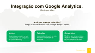 Integração com Google Analytics.
Os número falam.
17fromdoppler.com
Você quer enxergar mais além?
Integre os nossos relatórios com o Google Analytics e tenha:
Visitas
Usuários que chegam ao seu
website desde sua campanha
de E-mail Marketing.
Rejeições
Usuários que chegam ao site,
mas abandonam sem ter
atividade.
Conversões
Usuários que cumprem seus
objetivos (cadastros, vendas,
etc) ao chegar ao seu site.
 