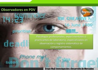 Observadores en PDV

Regresar

Psicólogos profesionales, experimentales o
practicantes de laboratorio, especializados en
observación y registro sistemático de
comportamientos.

 