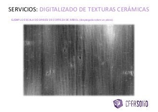 SERVICIOS: DIGITALIZADO DE TEXTURAS CERÁMICAS
EJEMPLO ESCALA DE GRISES DE CORTEZA DE ÁRBOL (desplegada sobre un plano)
 