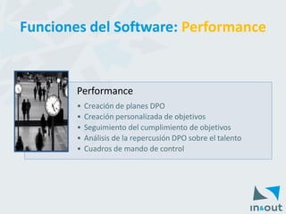 Performance 
•Creación de planes DPO 
•Creación personalizada de objetivos 
•Seguimiento del cumplimiento de objetivos 
•Análisis de la repercusión DPO sobre el talento 
•Cuadros de mando de control 
Funciones del Software: Performance  