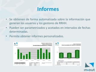 Informes 
•SeobtienendeformaautomatizadasobrelainformaciónquegeneranlosusuariosylosgestoresdeRRHH. 
•Puedenserparametrizadosyacotadosenintervalosdefechasdeterminadas. 
•Permiteobtenerinformespersonalizados.  