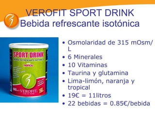 VEROFIT SPORT DRINK Bebida refrescante isotónica Osmolaridad de 315 mOsm/L 6 Minerales 10 Vitaminas Taurina y glutamina Lima-limón, naranja y tropical 19€ = 11litros 22 bebidas = 0.85€/bebida 