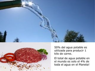 50% del agua potable es
utilizada para producir 1
kilo de carne.
El total de agua potable en
el mundo es solo el 4% de
toda el agua en el Planeta!
 