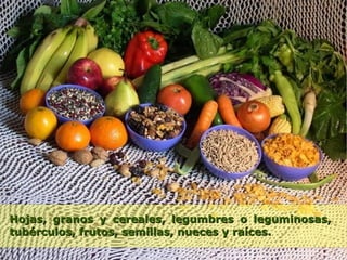 Hojas, granos y cereales, legumbres o leguminosas,
tubérculos, frutos, semillas, nueces y raíces.
 