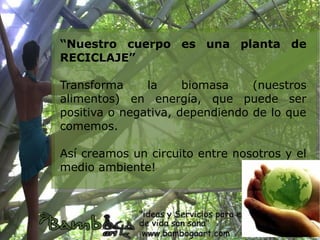 “Nuestro cuerpo es una planta de
RECICLAJE”

Transforma     la     biomasa    (nuestros
alimentos) en energía, que puede ser
positiva o negativa, dependiendo de lo que
comemos.

Así creamos un circuito entre nosotros y el
medio ambiente!
 