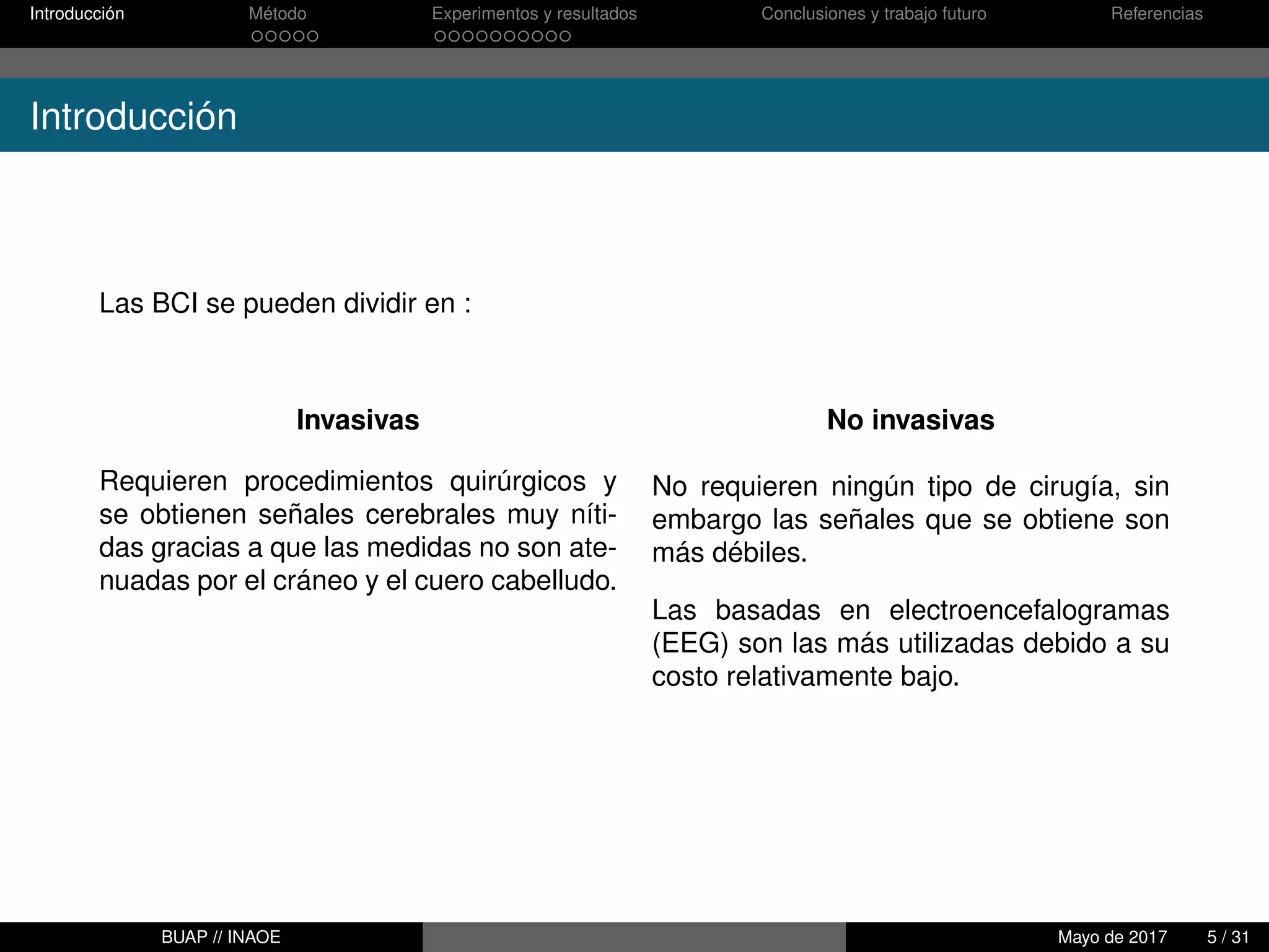Introducción Método Experimentos y resultados Conclusiones y trabajo futuro Referencias
Introducción
Las BCI se pueden dividir en :
Invasivas
Requieren procedimientos quirúrgicos y
se obtienen señales cerebrales muy níti-
das gracias a que las medidas no son ate-
nuadas por el cráneo y el cuero cabelludo.
No invasivas
No requieren ningún tipo de cirugía, sin
embargo las señales que se obtiene son
más débiles.
Las basadas en electroencefalogramas
(EEG) son las más utilizadas debido a su
costo relativamente bajo.
BUAP // INAOE Mayo de 2017 5 / 31
 