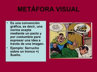 METÁFORA VISUAL Es una convención gráfica, es decir, una norma acepta mediante un pacto y por costumbre para expresar una idea a través de una imagen. Ejemplo: Serrucho sobre un tronco =) Sueño. 