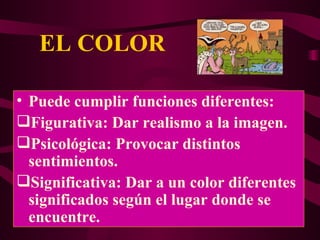 EL COLOR Puede cumplir funciones diferentes: Figurativa: Dar realismo a la imagen. Psicológica: Provocar distintos sentimientos. Significativa: Dar a un color diferentes significados según el lugar donde se encuentre. 