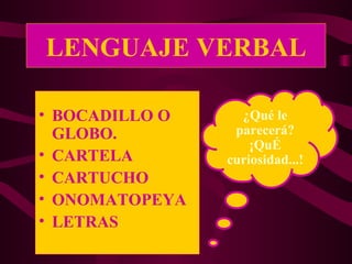 LENGUAJE VERBAL BOCADILLO O GLOBO. CARTELA CARTUCHO ONOMATOPEYA LETRAS ¿Qué le parecerá? ¡QuÉ curiosidad...! 
