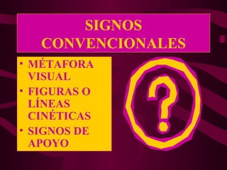 SIGNOS
   CONVENCIONALES
• MÉTAFORA
  VISUAL
• FIGURAS O
  LÍNEAS
  CINÉTICAS
• SIGNOS DE
  APOYO
 