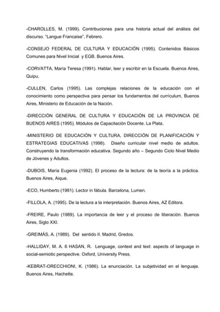 -CHAROLLES, M. (1999). Contribuciones para una historia actual del análisis del
discurso. “Langue Francaise”, Febrero.

-CONSEJO FEDERAL DE CULTURA Y EDUCACIÓN (1995). Contenidos Básicos
Comunes para Nivel Inicial y EGB. Buenos Aires.

-CORVATTA, María Teresa (1991). Hablar, leer y escribir en la Escuela. Buenos Aires,
Quipu.

-CULLEN, Carlos (1995). Las complejas relaciones de la educación con el
conocimiento como perspectiva para pensar los fundamentos del currículum, Buenos
Aires, Ministerio de Educación de la Nación.

-DIRECCIÓN GENERAL DE CULTURA Y EDUCACIÓN DE LA PROVINCIA DE
BUENOS AIRES (1995). Módulos de Capacitación Docente. La Plata.

-MINISTERIO DE EDUCACIÓN Y CULTURA, DIRECCIÓN DE PLANIFICACIÓN Y
ESTRATEGIAS EDUCATIVAS (1998).             Diseño curricular nivel medio de adultos.
Construyendo la transformación educativa. Segundo año – Segundo Ciclo Nivel Medio
de Jóvenes y Adultos.

-DUBOIS, María Eugenia (1992). El proceso de la lectura: de la teoría a la práctica.
Buenos Aires, Aique.

-ECO, Humberto (1981). Lector in fábula. Barcelona, Lumen.

-FILLOLA, A. (1995). De la lectura a la interpretación. Buenos Aires, AZ Editora.

-FREIRE, Paulo (1989). La importancia de leer y el proceso de liberación. Buenos
Aires, Siglo XXI.

-GREIMÁS, A. (1989). Del sentido II. Madrid, Gredos.

-HALLIDAY, M. A. 6 HASAN, R. Lenguage, context and text: aspects of language in
social-semiotic perspective. Oxford, University Press.

-KEBRAT-ORECCHIONI, K. (1986). La enunciación. La subjetividad en el lenguaje.
Buenos Aires, Hachette.
 