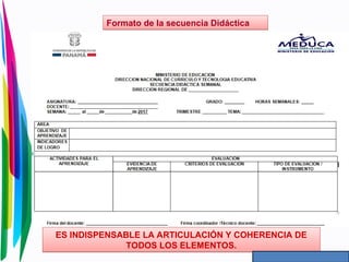 Formato de la secuencia Didáctica
ES INDISPENSABLE LA ARTICULACIÓN Y COHERENCIA DE
TODOS LOS ELEMENTOS.
 