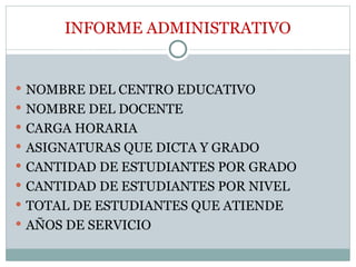 INFORME ADMINISTRATIVO
 NOMBRE DEL CENTRO EDUCATIVO
 NOMBRE DEL DOCENTE
 CARGA HORARIA
 ASIGNATURAS QUE DICTA Y GRADO
 CANTIDAD DE ESTUDIANTES POR GRADO
 CANTIDAD DE ESTUDIANTES POR NIVEL
 TOTAL DE ESTUDIANTES QUE ATIENDE
 AÑOS DE SERVICIO
 