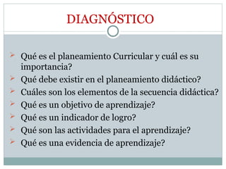 DIAGNÓSTICO
 Qué es el planeamiento Curricular y cuál es su
importancia?
 Qué debe existir en el planeamiento didáctico?
 Cuáles son los elementos de la secuencia didáctica?
 Qué es un objetivo de aprendizaje?
 Qué es un indicador de logro?
 Qué son las actividades para el aprendizaje?
 Qué es una evidencia de aprendizaje?
 