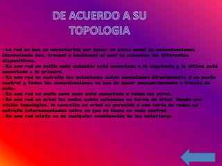 •La red en bus se caracteriza por tener un único canal de comunicaciones
(denominado bus, troncal o backbone) al cual se conectan los diferentes
dispositivos.
•En una red en anillo cada estación está conectada a la siguiente y la última está
conectada a la primera.
•En una red en estrella las estaciones están conectadas directamente a un punto
central y todas las comunicaciones se han de hacer necesariamente a través de
éste.
•En una red en malla cada nodo está conectado a todos los otros.
•En una red en árbol los nodos están colocados en forma de árbol. Desde una
visión topológica, la conexión en árbol es parecida a una serie de redes en
estrella interconectadas salvo en que no tiene un nodo central.
•En una red mixta se da cualquier combinación de las anteriores
 