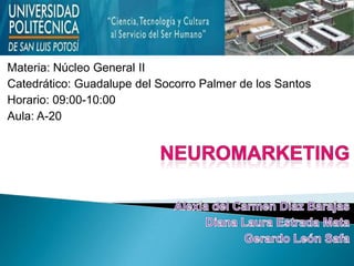 Materia: Núcleo General II
Catedrático: Guadalupe del Socorro Palmer de los Santos
Horario: 09:00-10:00
Aula: A-20
 