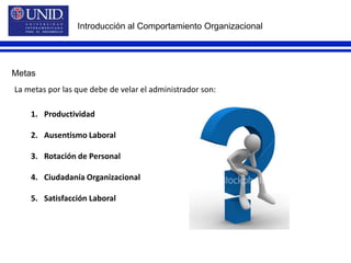 Introducción al Comportamiento OrganizacionalMetasLa metas por las que debe de velar el administrador son:ProductividadAusentismo LaboralRotación de PersonalCiudadanía OrganizacionalSatisfacción Laboral