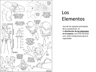 Los
Elementos
Uno de los aspectos principales
de la composición es
la distribución de los elementos
en el espacio, con el fin de tener
una visión comprensiva para el
espectador
 