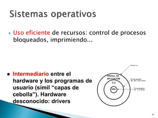  Uso eficiente de recursos: control de procesos
bloqueados, imprimiendo...
45
 Intermediario entre el
hardware y los programas de
usuario (símil “capas de
cebolla”). Hardware
desconocido: drivers
 